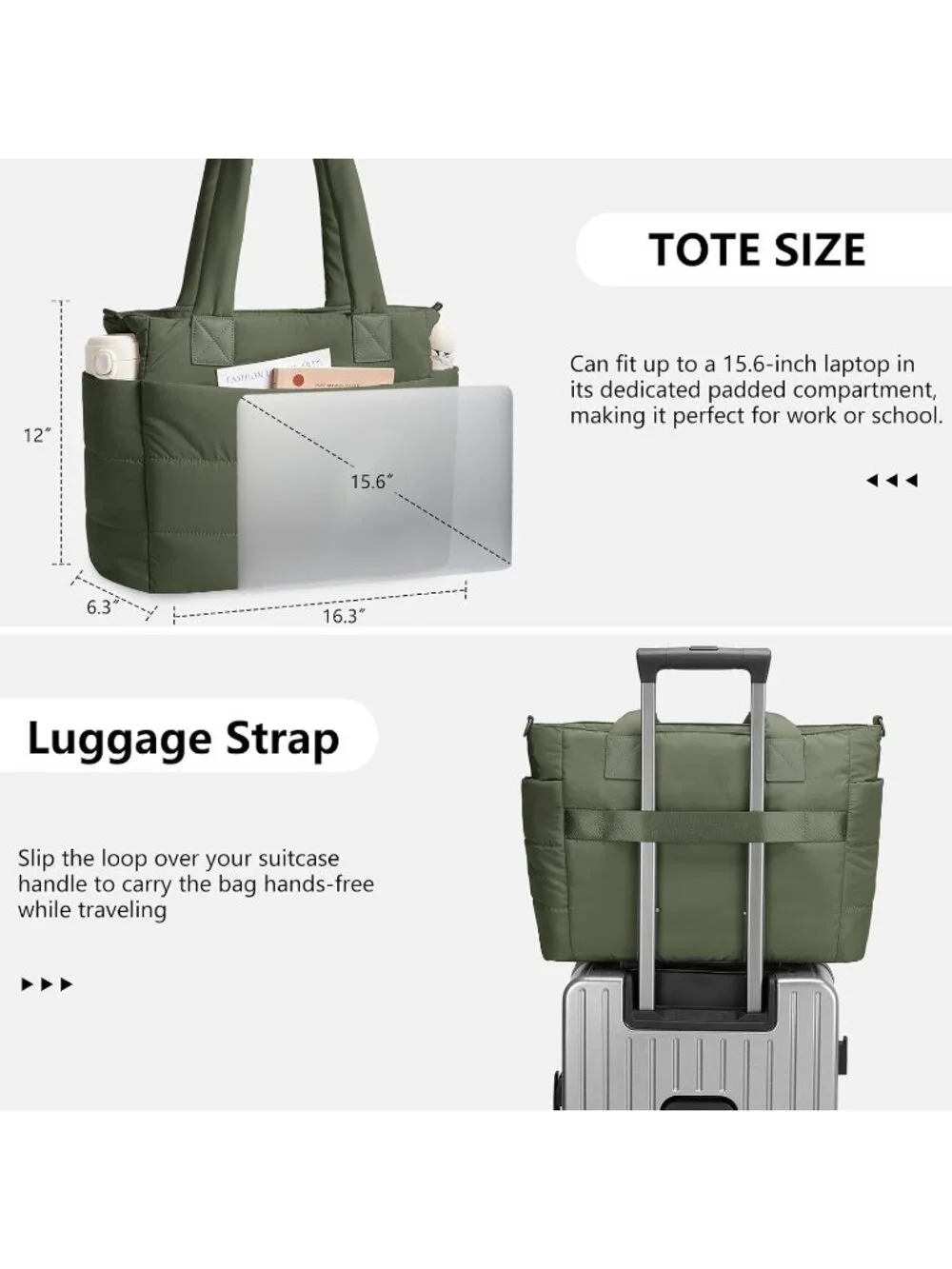 👜Women's Dark Green Quilted Puffer Tote Bag Lightweight Work For Travel Handbag